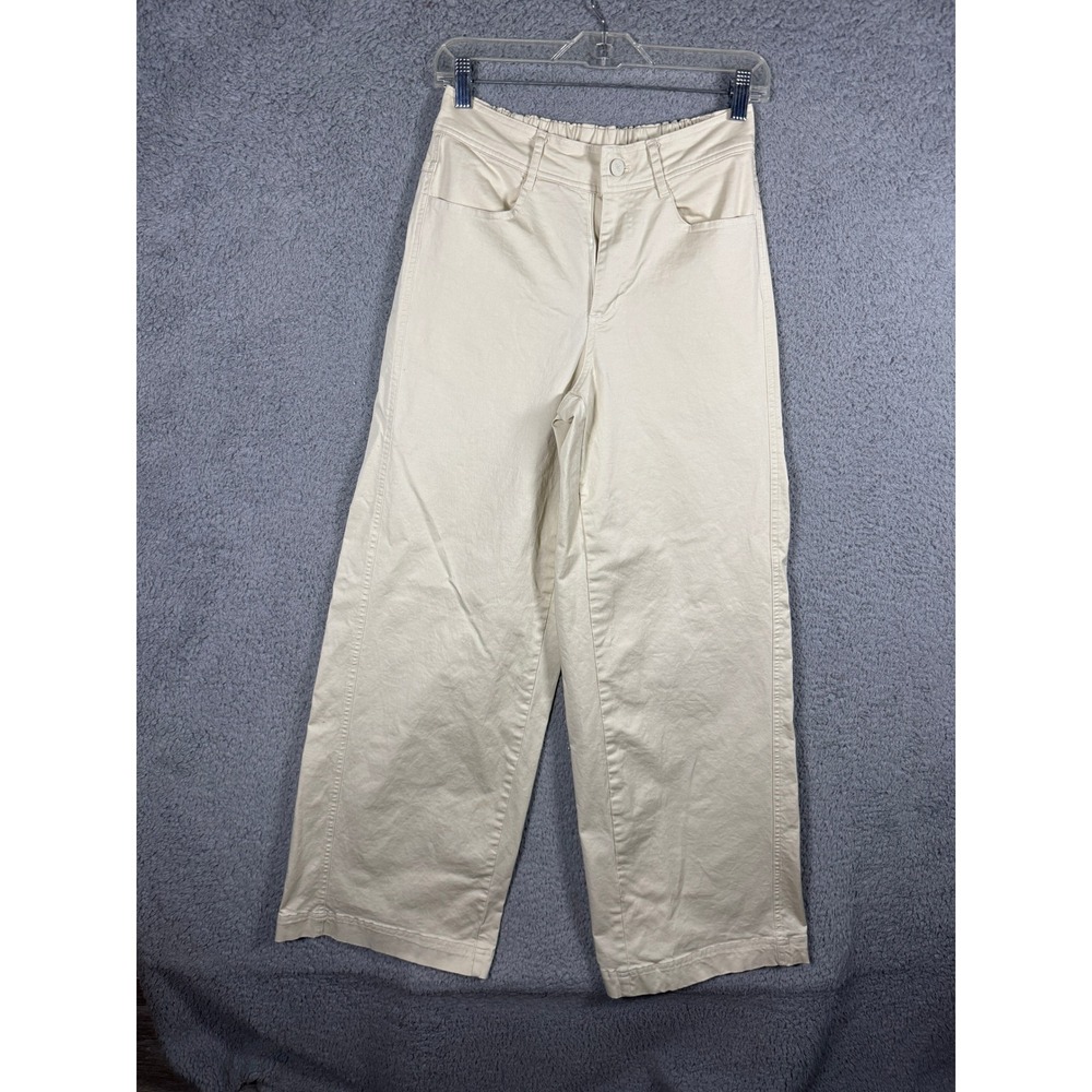 Alo Yoga Womens Ivory Cotton Twill Wide Leg High Rise Pants Size M Elastic Back